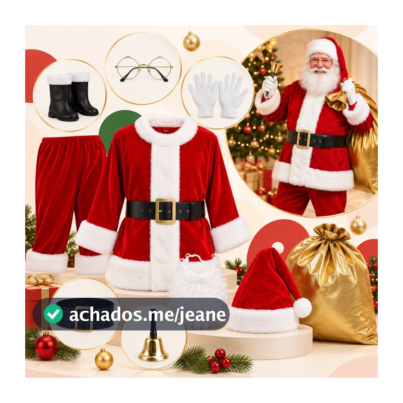 10 Itens Fantasia Papai Noel Adulto Masculina Completa Veludo Traje Natalino Cosplay Roupa Pai Noel Deluxe