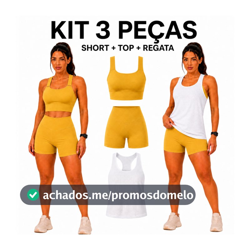 KIT 3 Conjuntos Feminino Esportivo 3 Peças Short Top Regata Para Academia Corrida E Caminhada