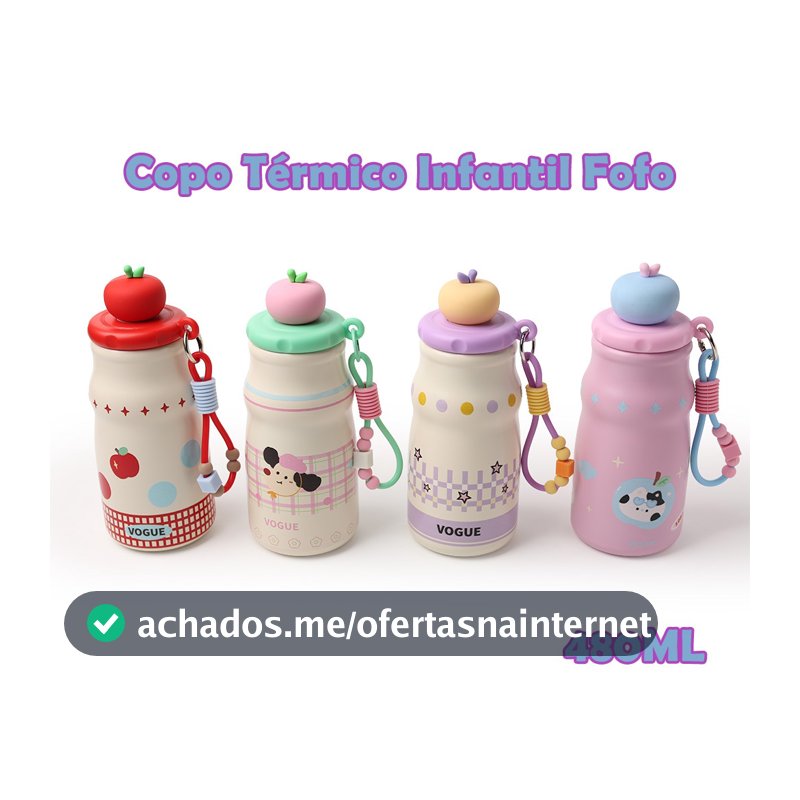Garrafa Térmica Infantil Kawaii 480ml Aço Inox Com Canudo Tampa Maçã Filtro de Chá Alça Escolar