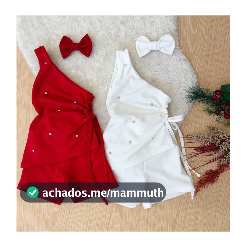 Conjunto Infantil Feminino Natal Ano Novo Luxo Um Ombro Com Brilho + Short + Laço 2 Ao 10 Anos