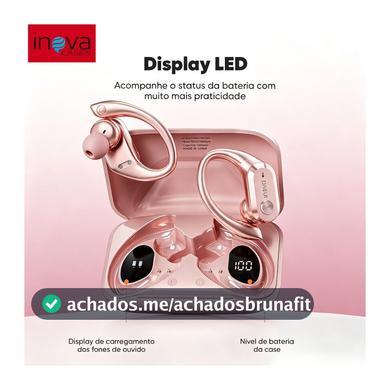 Fone de Ouvido Inova Rosa Feminino - Bluetooth 5.4, Bateria 48h, Case com Display LED, IPX5 e Microfone Esportivo Brinde