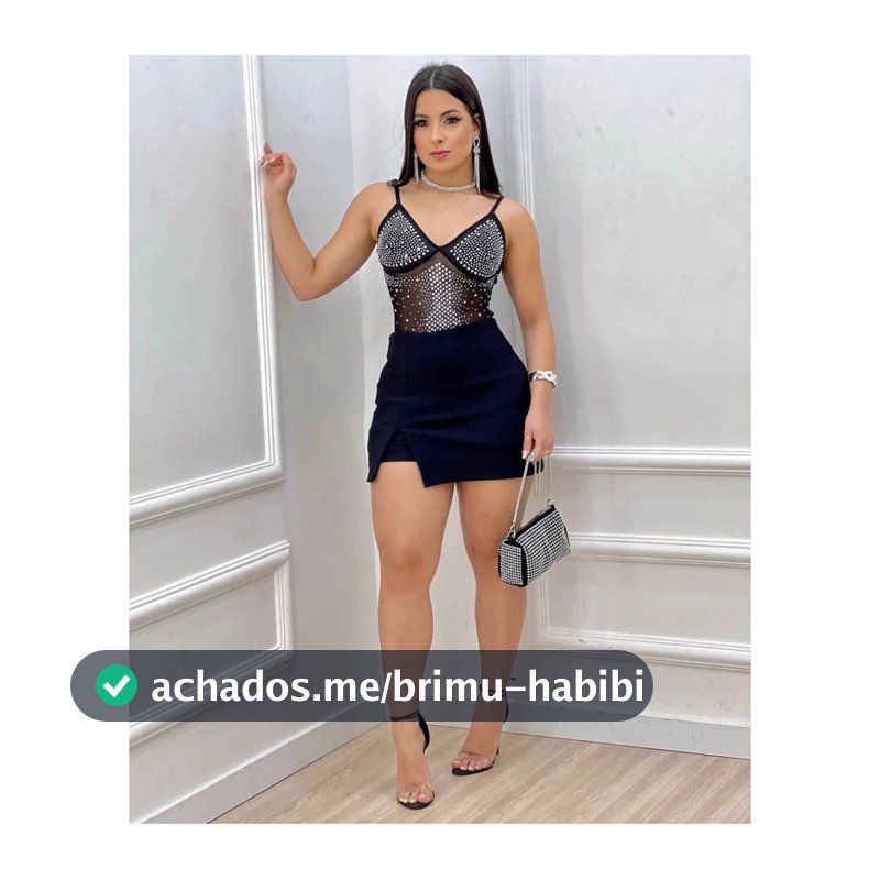 Conjunto Look Balada Body Luxo Alça Pedraria e Short Saia Uma Fenda Bengaline