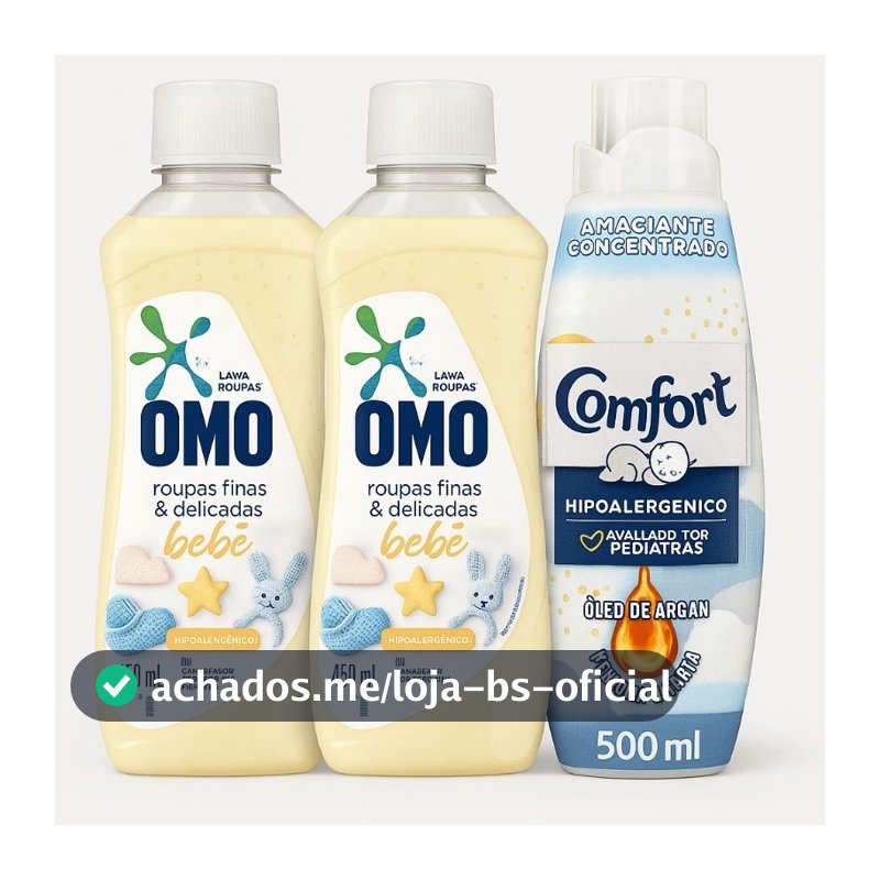 Kit 3 Unidades OMO Bebê 450ml 2un  + Comfort Puro Cuidado 1uni 500ml — Hipoalergênico, Delicado e Aprovado por Pediatras