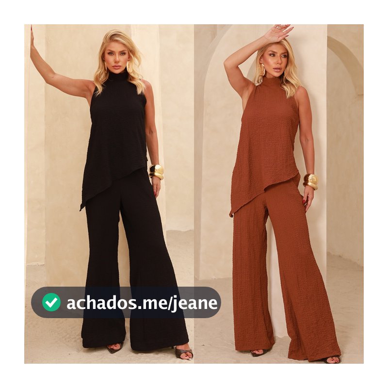 Conjunto Feminino Assimétrico Gola Alta Calça Pantalona com Bolsos