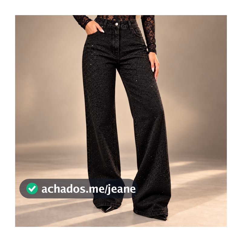 Calça Jeans Wide Leg Feminina Cintura Alta Preta Com Strass Ou Azul Tradicional Casual Elegante