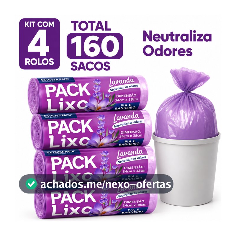Saco de Lixo Lavanda Perfumado 34x38cm 3kg para Pia e Banheiro Neutraliza Odores Kit 40 80 120 ou 160 Sacos