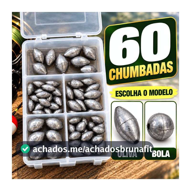 Kit Pesca Completo 60 Chumbadas | Bola ou Oliva | Vários Tamanhos | Caixa Estojo Organizador