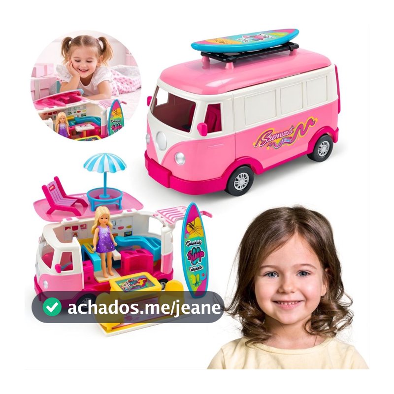 Brinquedo Carrinho De Boneca Rosa de Menina Com Boneca e Acessórios Kombi Rosa Travel Holiday