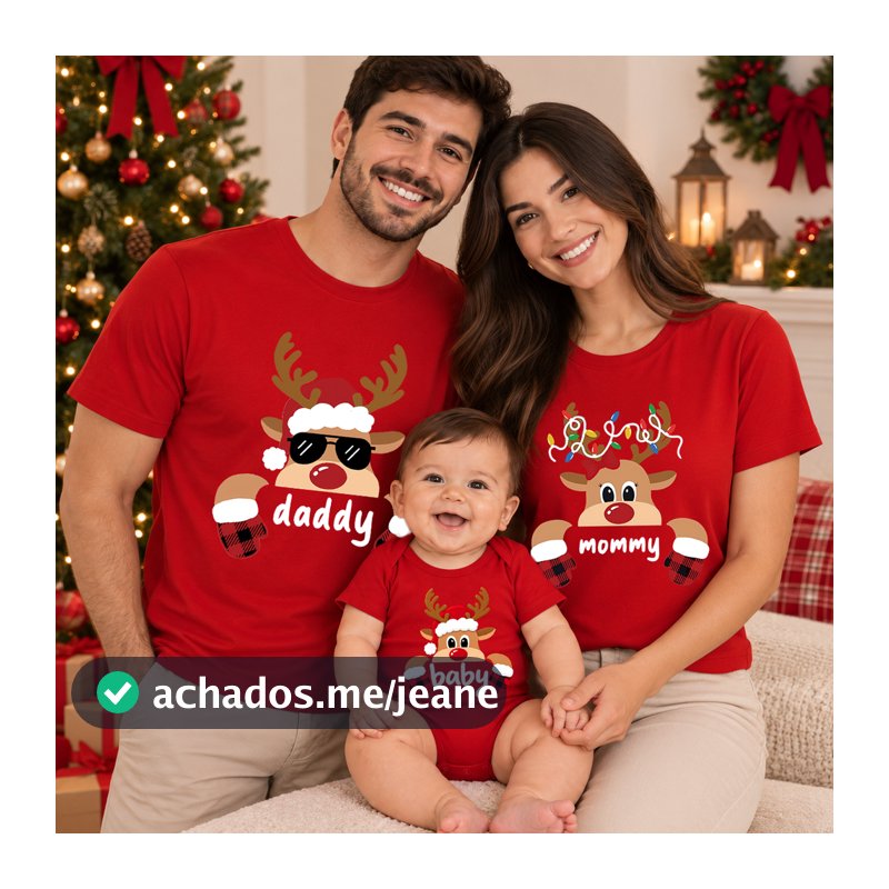 Kit Família Natal Camiseta Papai Mamãe e Body Bebê Estampa Rena Roupa Natalina Look em Família