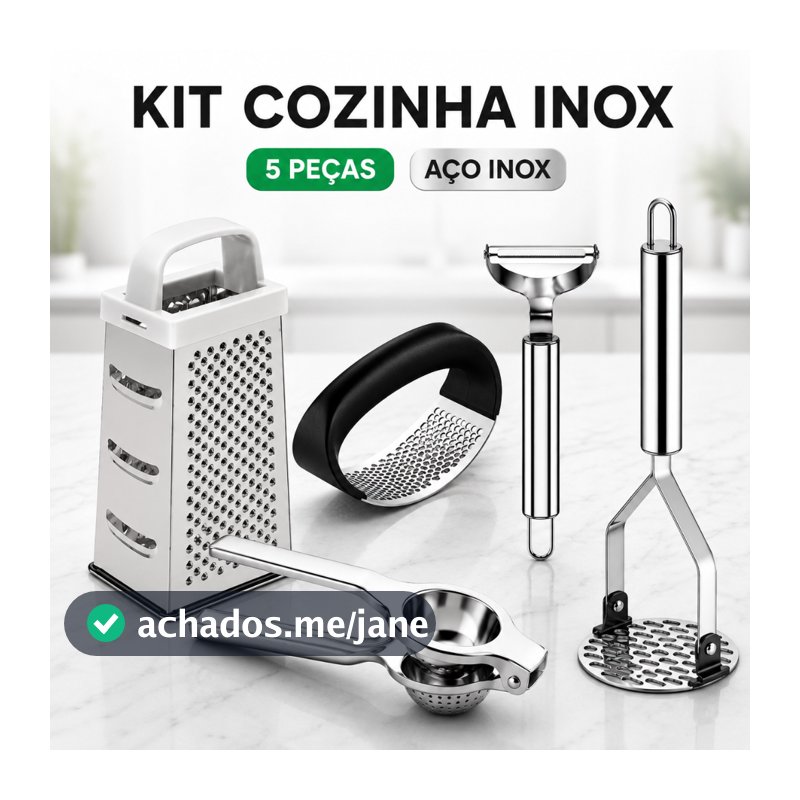 KIT 5 Peças Inox Cozinha | Amassador Batata e Alho, Descascador, Espremedor Limão e Ralador 4 Faces