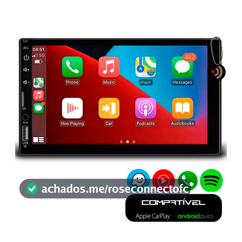 Central Multimidia Auto CarPlay Android Auto 7" Polegadas USB Espelhamento Apps Entrada Câmera Ré