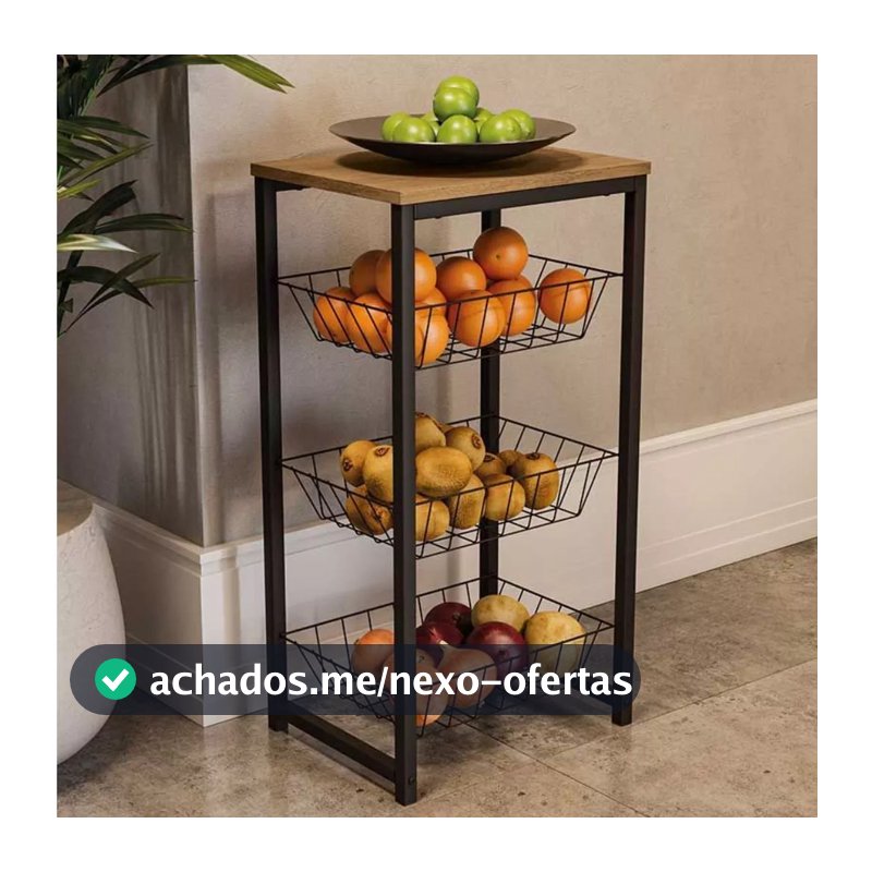 Fruteira De Chão Para Cozinha Preto Fosco Em Aço Carbono Tampo MDF Amadeirado