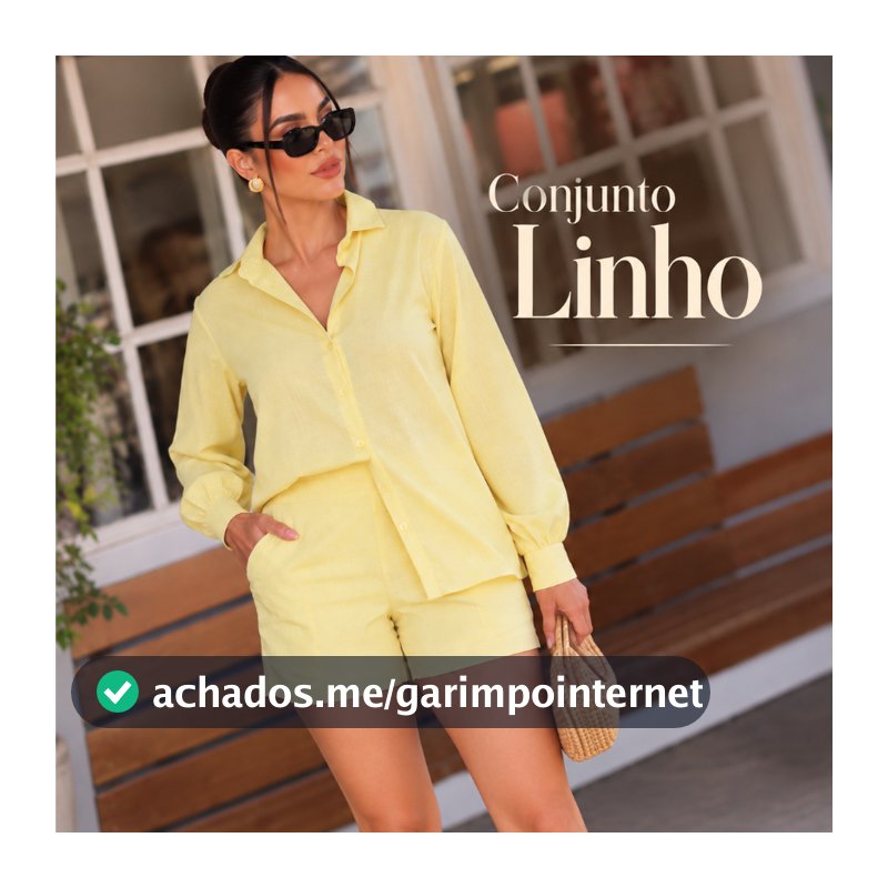 Conjunto Linho Feminino Camisa Manga Longa Shorts forrado