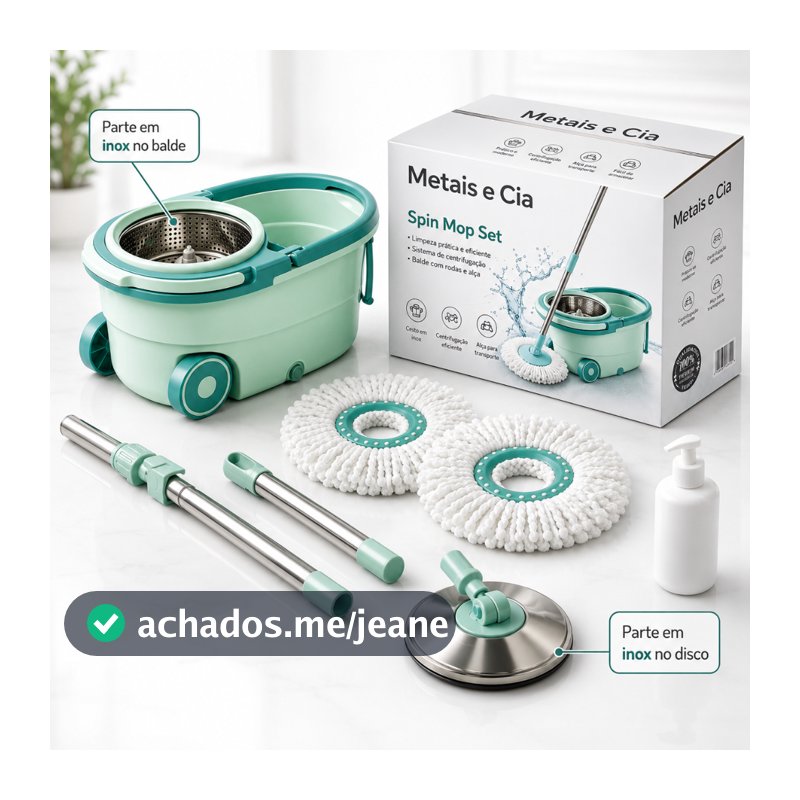 Spin Mop Giratório Balde Esfregão 360° Inox Com Rodinhas 2 Refis Cabo Ajustável Dosador