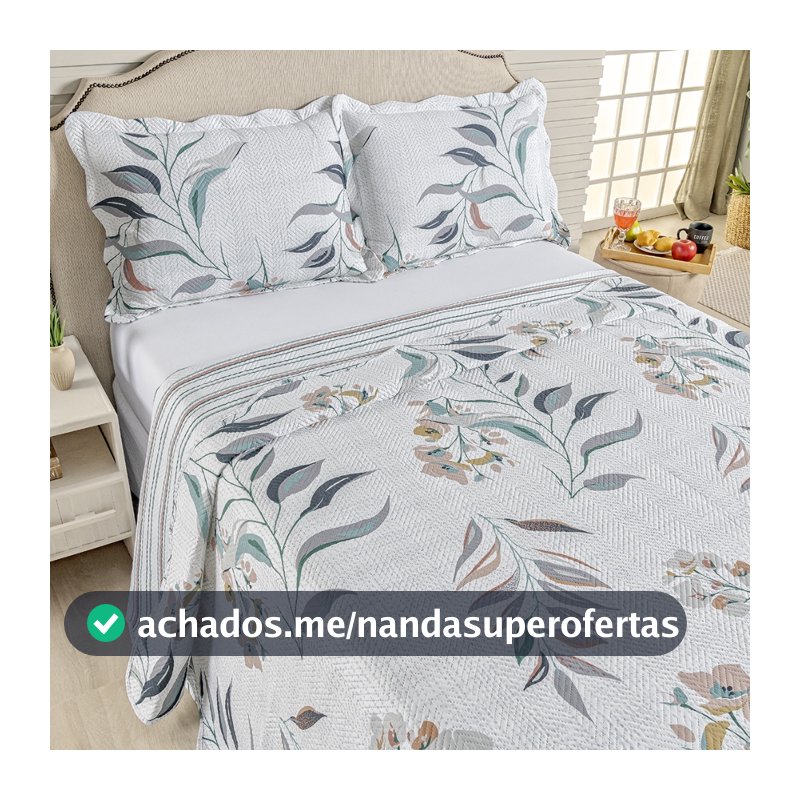 Kit Cobre Leito Colcha Casal Bouti 3 Peças Dupla Face Estampada Porta Travesseiro Aba Americana