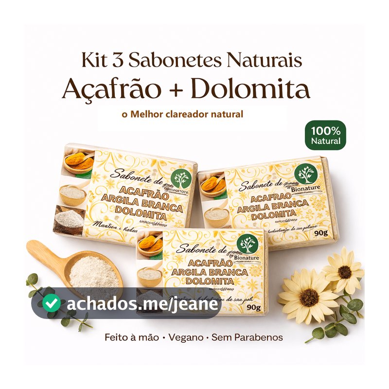 Kit 3 Sabonetes Naturais de Açafrão Dolomita BIONATURE 90g Vegano, Artesanal Sem Parabenos, 100% Natural