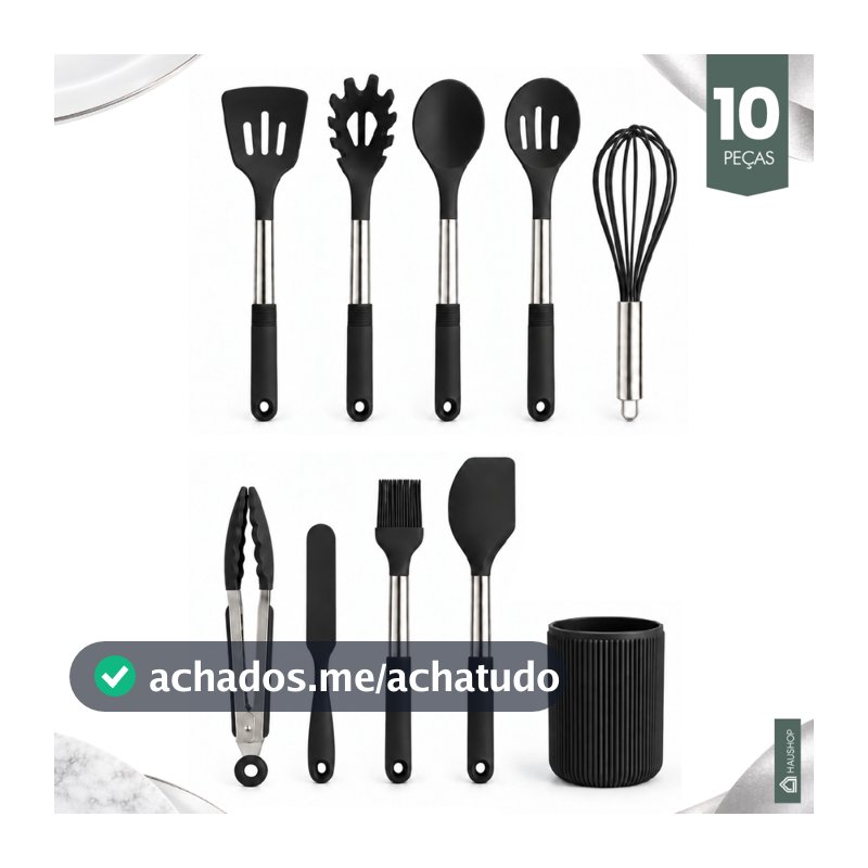 Kit Utensílios Cozinha 10 Peças Silicone Cabo Inox Grande Premium com Suporte: Não Enferruja Resistente Haushop Completo