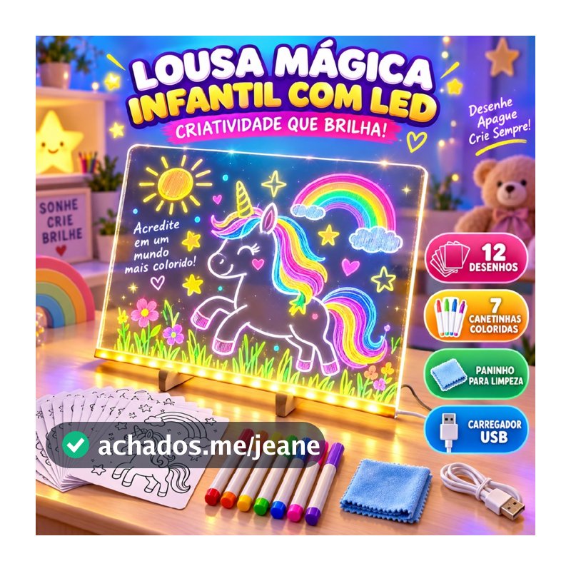 Lousa Mágica LED Escreve e Apaga Infantil Luminária Brinquedo para Crianças Porta Retrato + Desenhos e Canetinhas