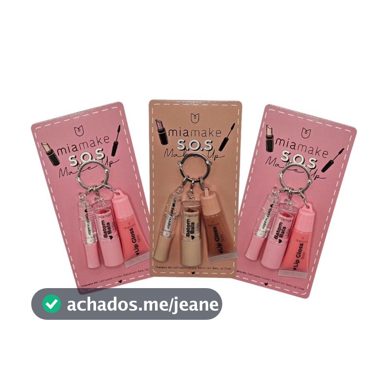 3 Kit SOS chaveiro Make Up Mia Make 3 em 1 - Gel Fixador - Batom - Gloss