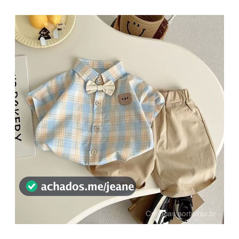 Conjunto de Manga Curta Infantil, Camisa de Verão para Meninos com Cabeça de Urso Xadrez + Shorts Conjunto de 2 Peças