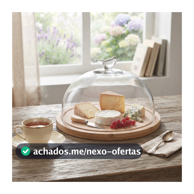 Queijeira Wolff Bird com Tampa de Vidro e Base de Bambu 20cm Porta Queijo para Frios e Petiscos Mesa Posta Café da Manhã
