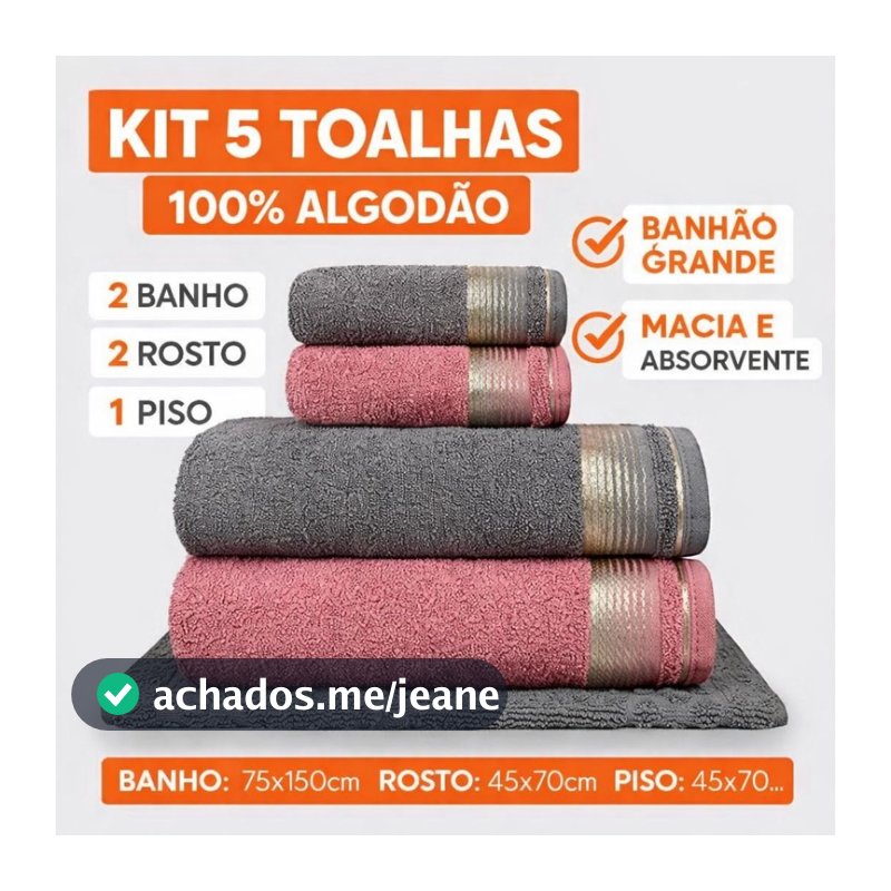 Kit 5 Toalhas 100% Algodão 2 Banho 2 Rosto 1 Piso Jogo Banhão Completo Banheiro