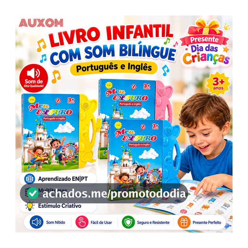 AUXOM Livro Interativo Infantil com Som Bilíngue Português Inglês Multi Temas Educativo Presente Dia das Crianças