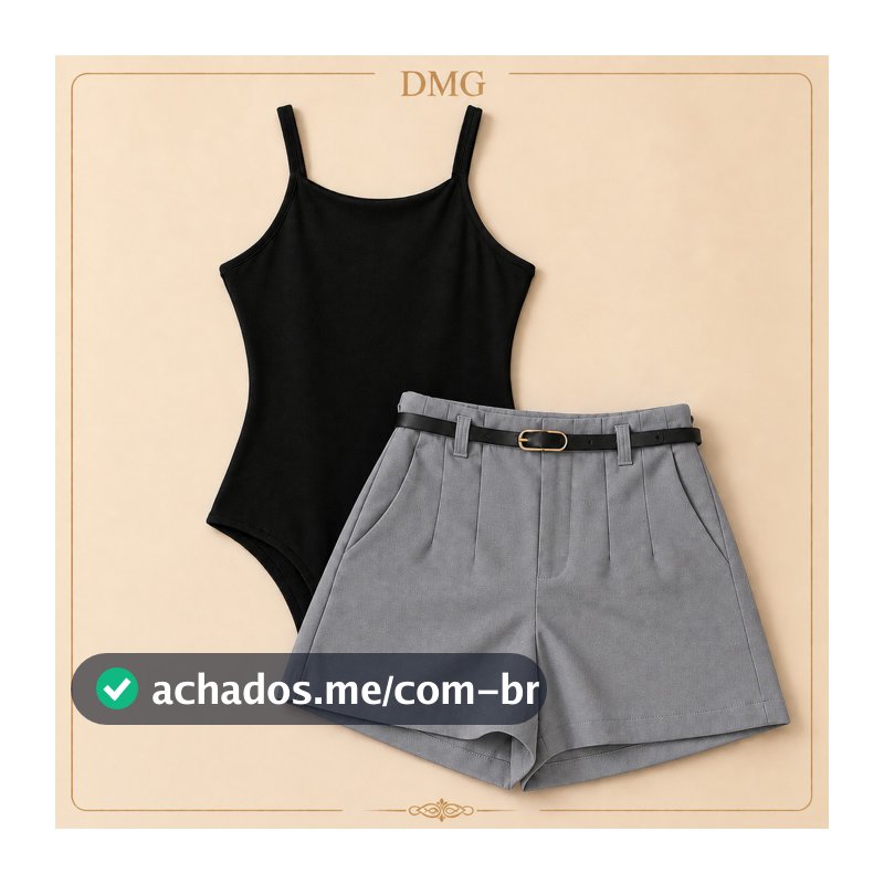 Conjunto Body Alcinha + Short Alfaiataria com Cinto e Zíper Lateral Elegante