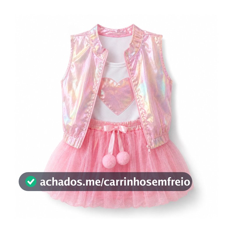 Conjunto Infantil Feminino Holográfico 3 Peças Menina Jaqueta Blusa e Short Saia Tule Blogueirinha