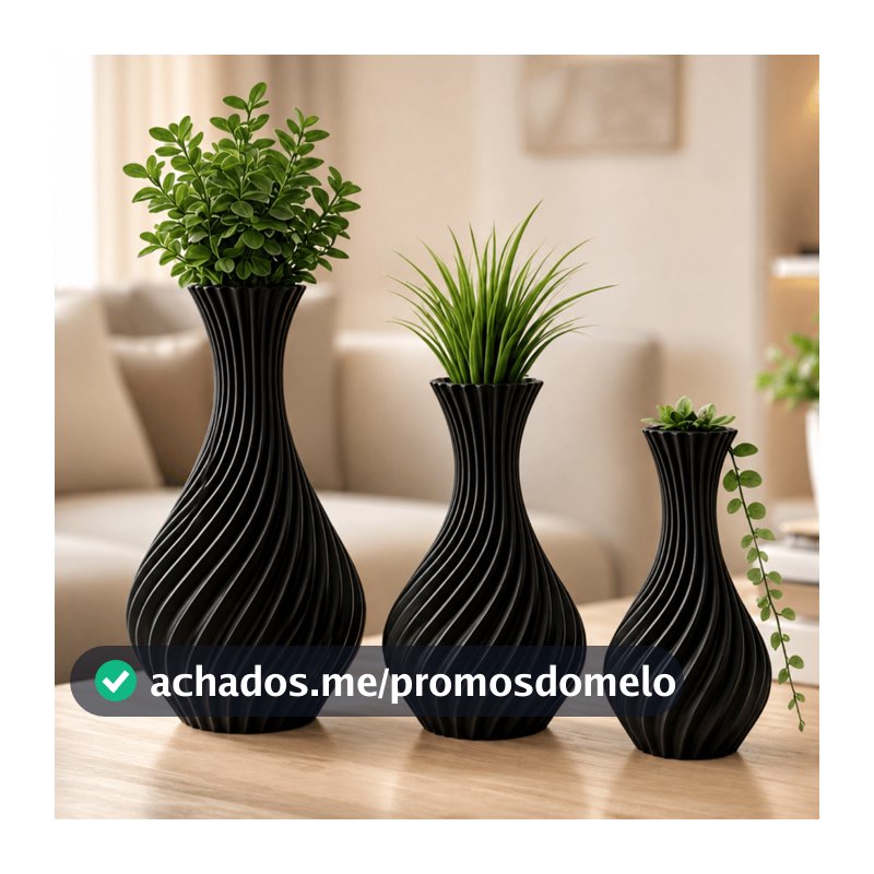 Kit 3 Vasos Decorativos Preto em Espiral Decoração Moderna para Sala e Estante
