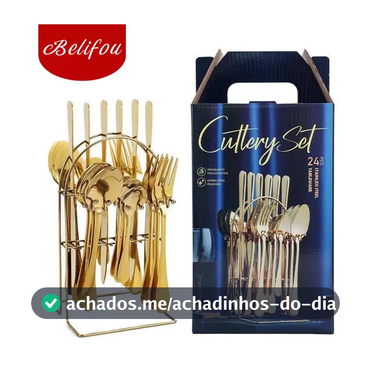 Belifou Kit 24 Conjunto De Talheres De 24 Peças Conjunto De Faca E Garfo Dourado Com Suporte