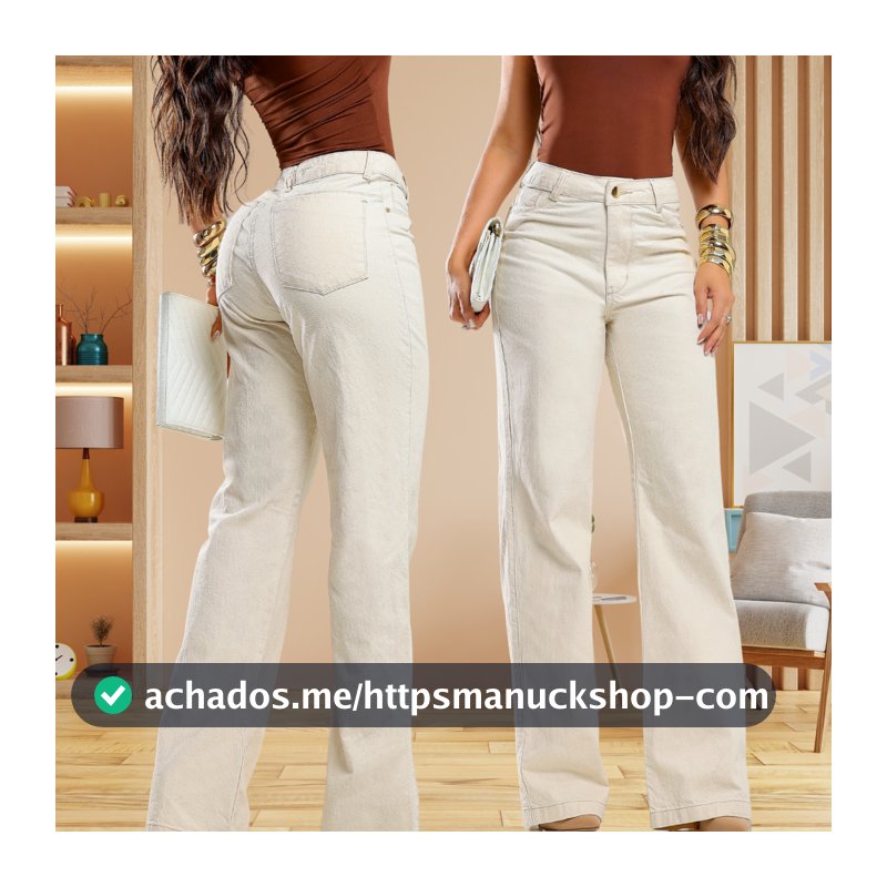 Calça Feminina Wide Leg Areia Delicada 100% algodão Cintura Alta Levanta Bumbum Perfeita