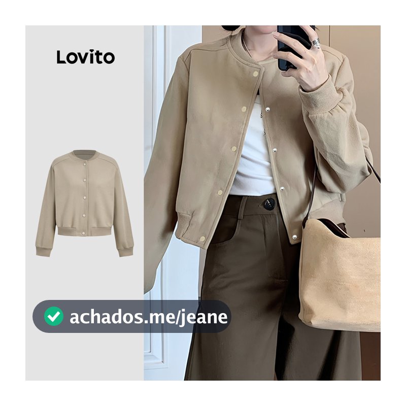 Lovito Cropped Casual Jaqueta Lazer Simples para Outono/inverno Feminina Khaki L173AD077
