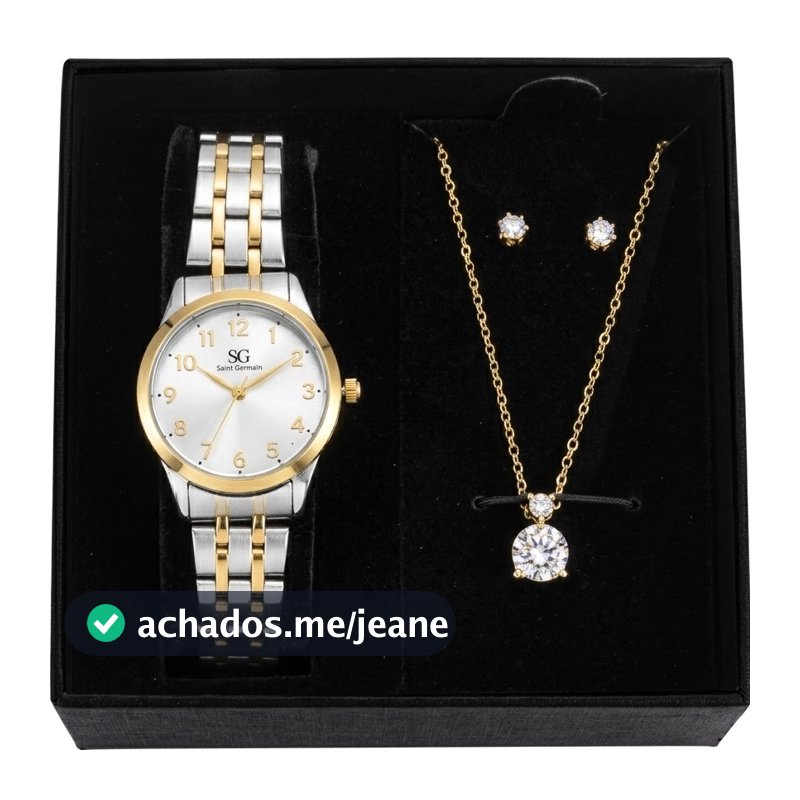 Kit Relógio Colar Brincos Bicolor Feminino Saint Germain Elegante Delicado Luxuoso Sofisticado