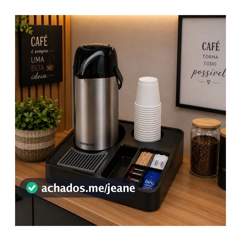 Kit Cantinho do Café Garrafa Térmica Inox 1L + Bandeja Organizadora Sachês Cozinha Escritório e Chás