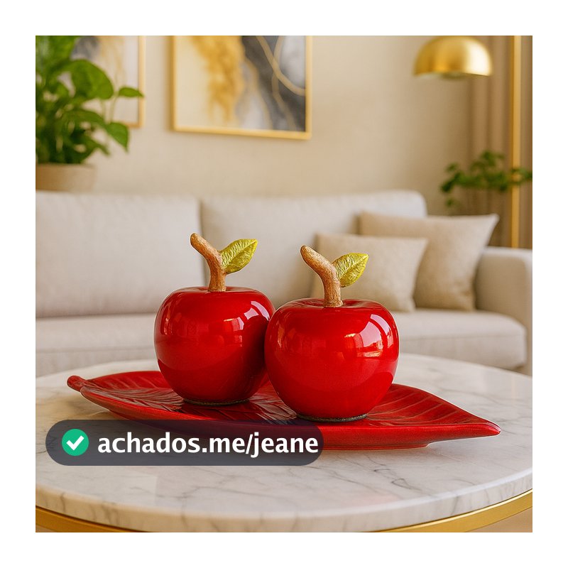 Kit Dupla de Maçãs com Base em Cerâmica - Centro de Mesa Enfeites Decorativos Sala Decoração Casa