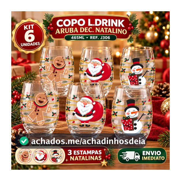 Jogo de Copos Long Drink Natal Aruba 465ml Nadir Vidro Decorado Natalino Ceia Festa Presente Kit 6 Unidades