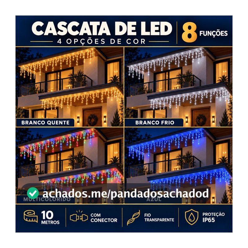 10m Cascata 400 Led 8 Funções Decoração Natal 110v 220v Conexão Macho Branco Frio Quente Pisca Pisca Enfeites de Natal