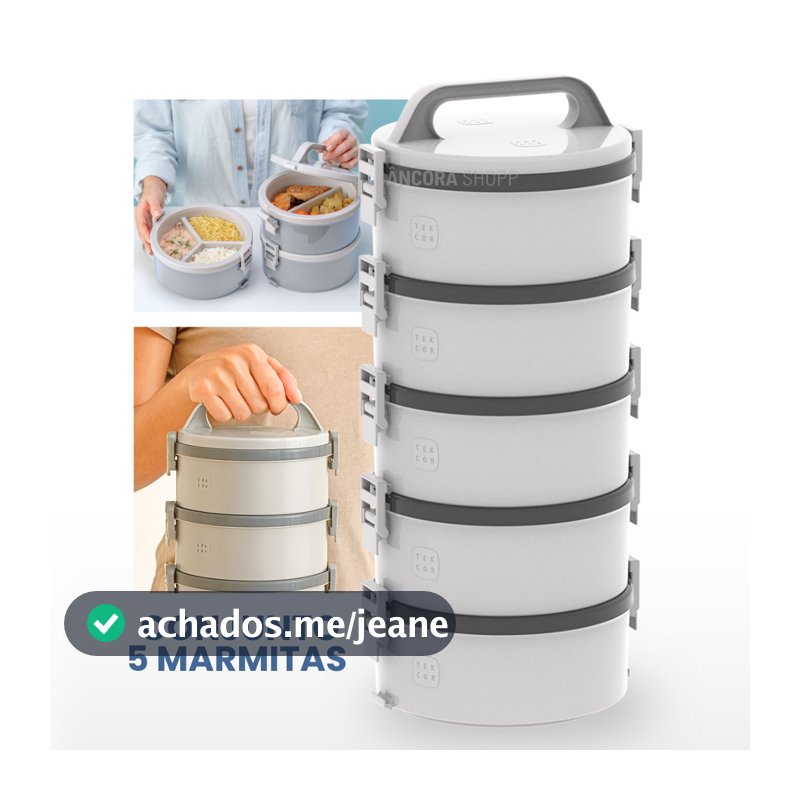 Kit 5un Marmita Térmicas 1,5L 5 Andares Marmitex Pote Hermético Vasilha Tampa e Trava Soprano Cinza