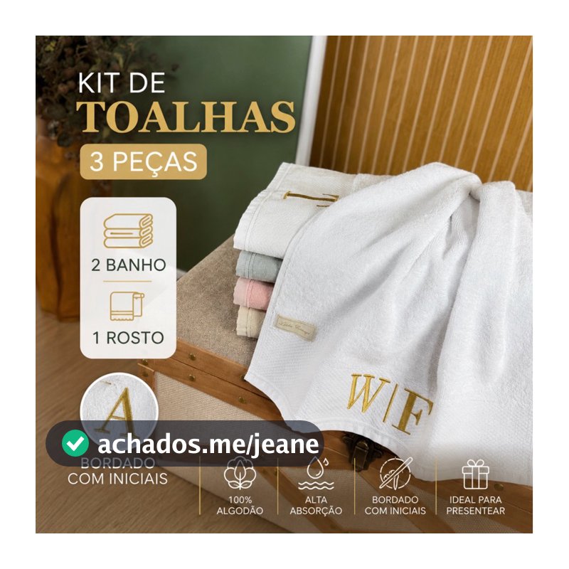 Kit 3 Peças de Toalha de Banho e Rosto Bordadas com Duas Iniciais – 100% Algodão Fio Penteado 540g