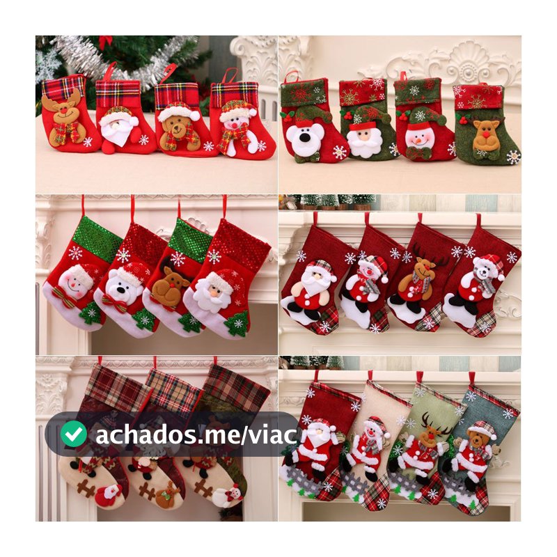 KIT 4 Meias de Natal Decorativas Premium em Tricô – 3 Tamanhos, Diversas Estampas para Lareira, Sala e Árvore de Natal.