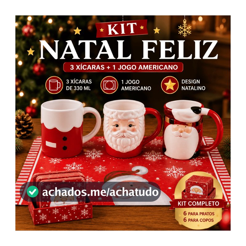 Kit Natalino Canecas 330ml + Jogo Americano + Porta-Copos Natal Festa Presente