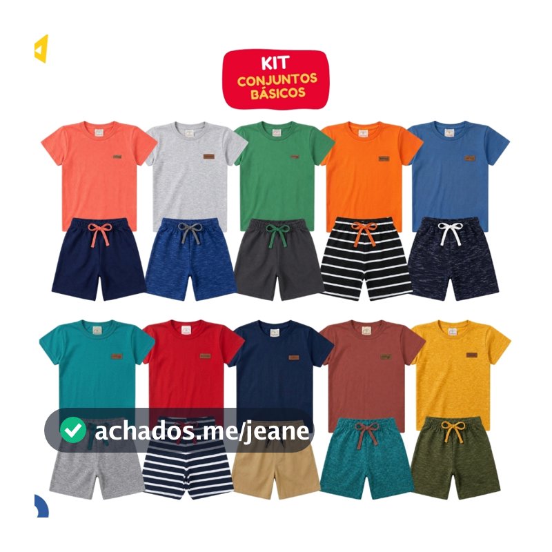 Kit 8 Peças Roupa Básica Infantil Menino Conjunto Liso Verão Algodão - 4 Camisetas + 4 Bermudas