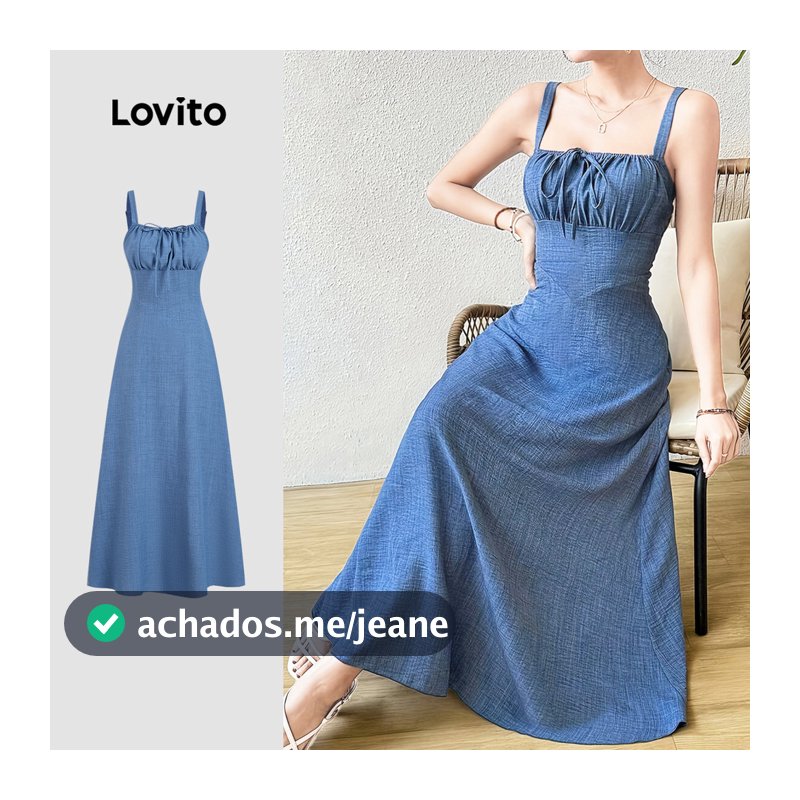 Lovito Longo Vestido Azul Feminino Estilo Resort com Amarração Primavera/Verão Bordado LK4LD384