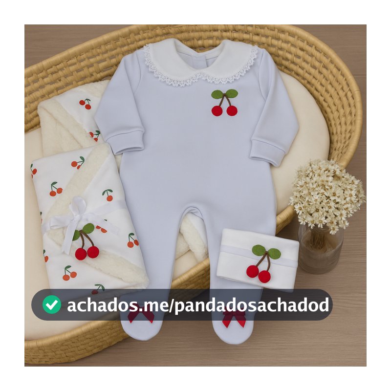 Kit Macacao Bebe Algodao e Cobertor Sherpa Cerejinhas Saida Maternidade Enxoval Recem Nascido