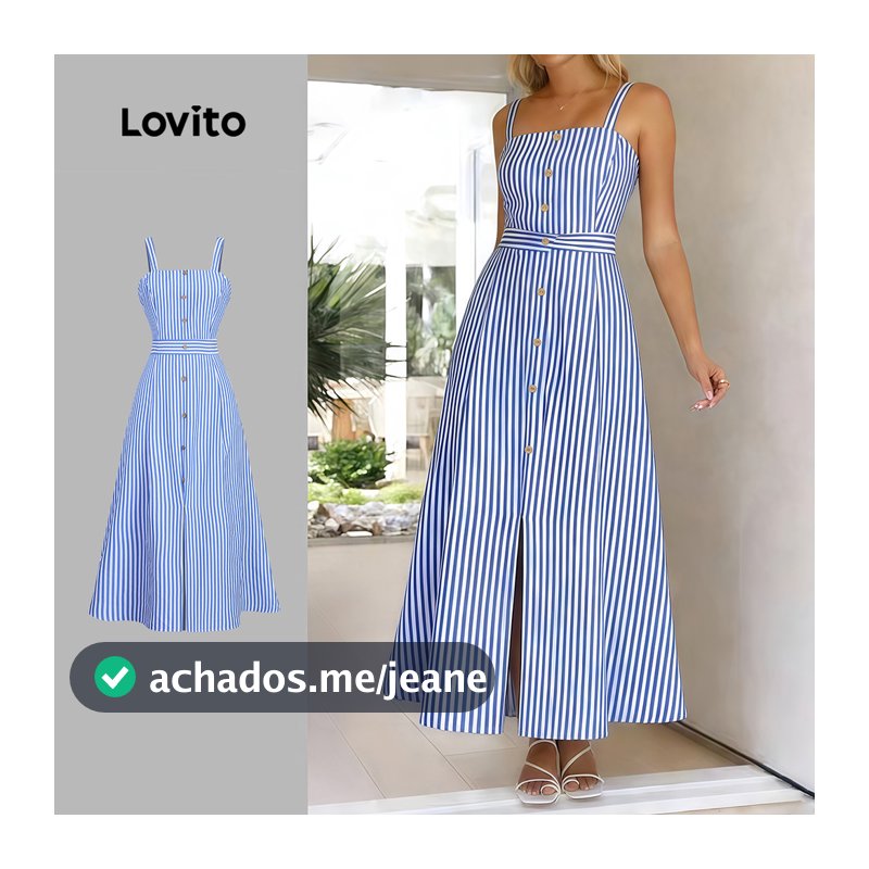 (Lovito x Ana) Vestido Boho com Botões Na Frente e Zíper Azul Primavera/verão para Mulheres L34LD091