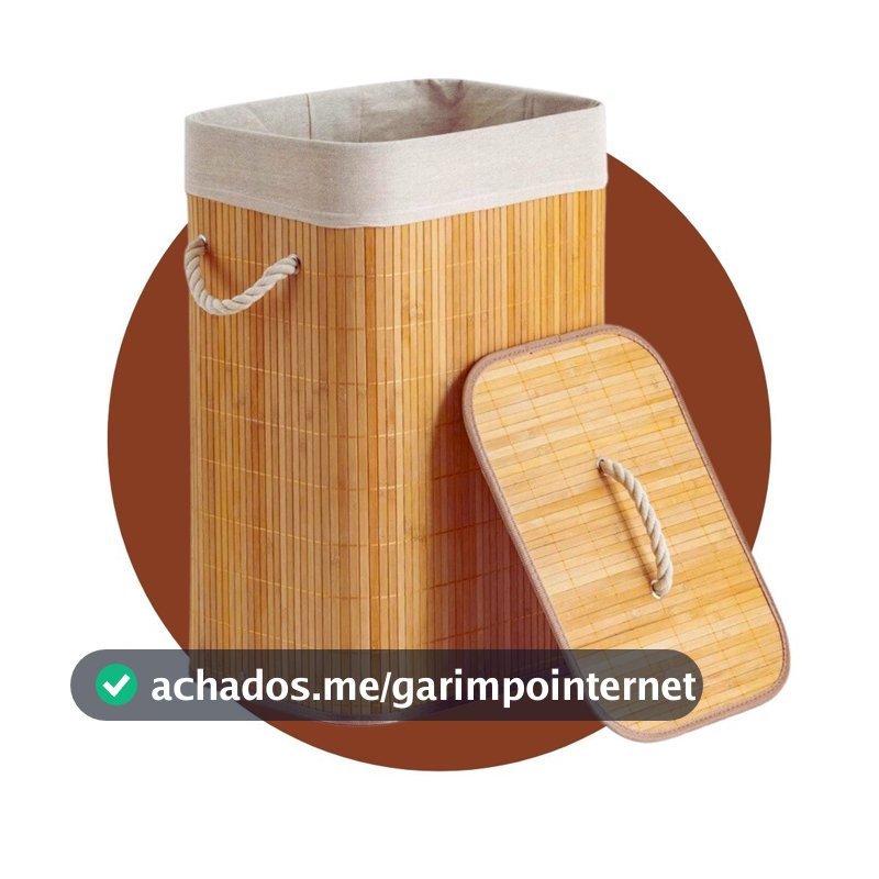 Cesto de Roupa Suja Lavanderia em Bambu tampa Retangular Forrado com Alça Brinquedo