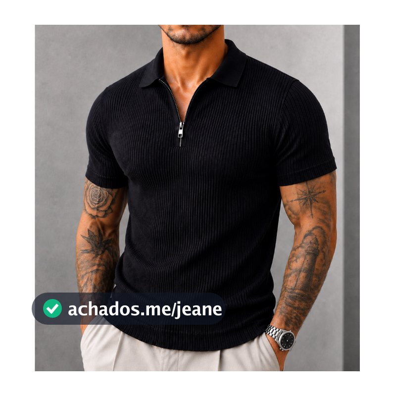 Camisa Polo Italiana Canelada Masculina Premium Slim Manga Curta Gola Zíper Casual Elegante Gola