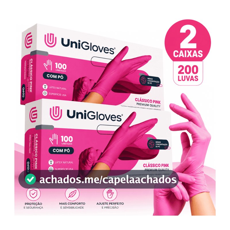 Kit 02 Caixas Luva Latex Rosa Pouco Pó UniGloves 200 Unidades Alta Qualidade e Resistência