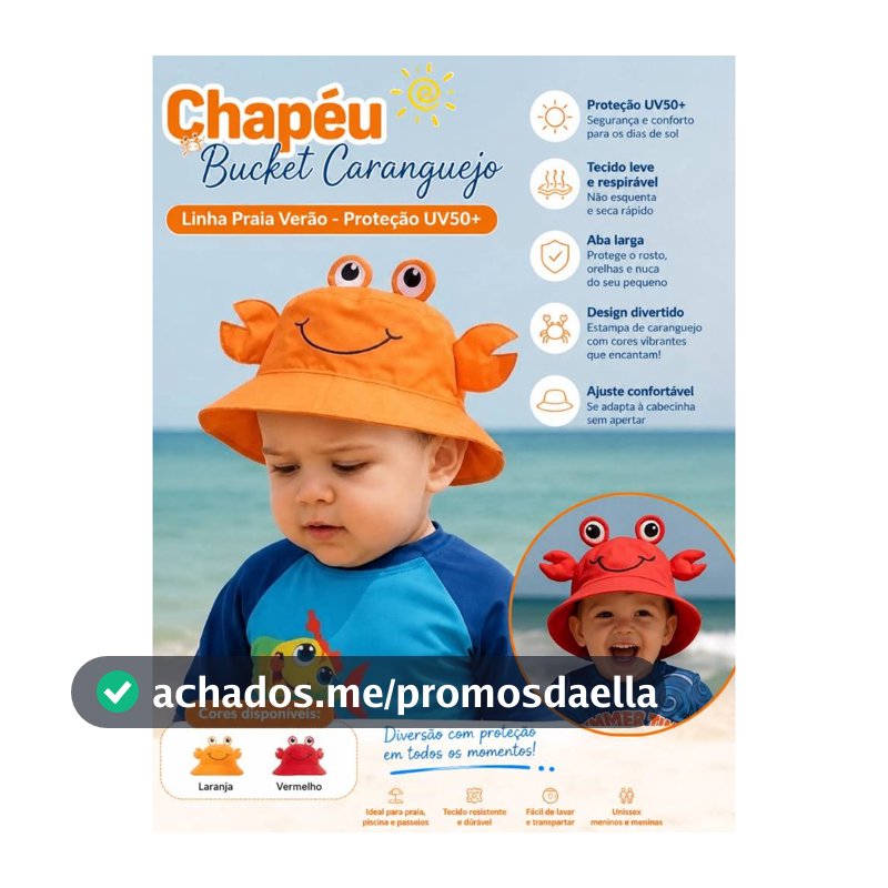 Chapéu Boné Praia Proteção UV Caranguejo Bucket Menino e Menina Praia Infantil Bebê Proteção UV50+